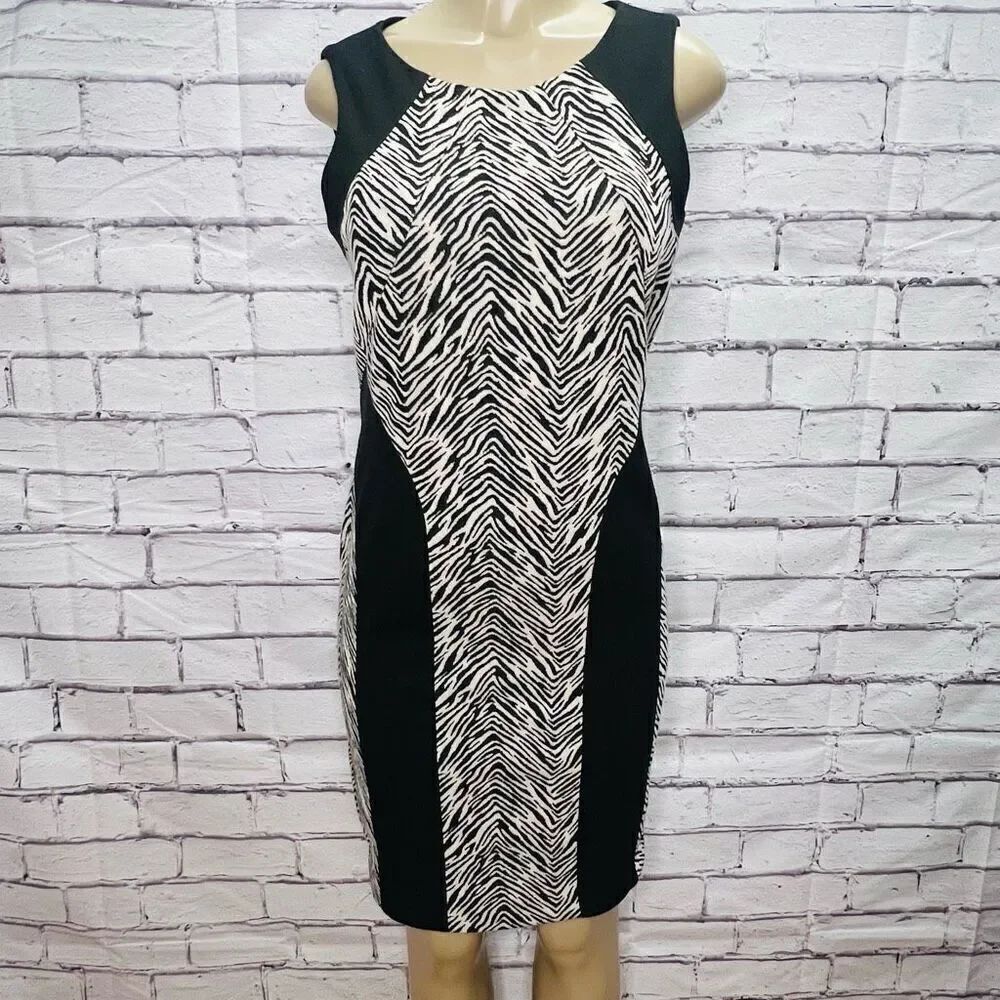 Ivanka Trump Womens Black Off-White Zebra Print Color Block Sheath Dress Size 8